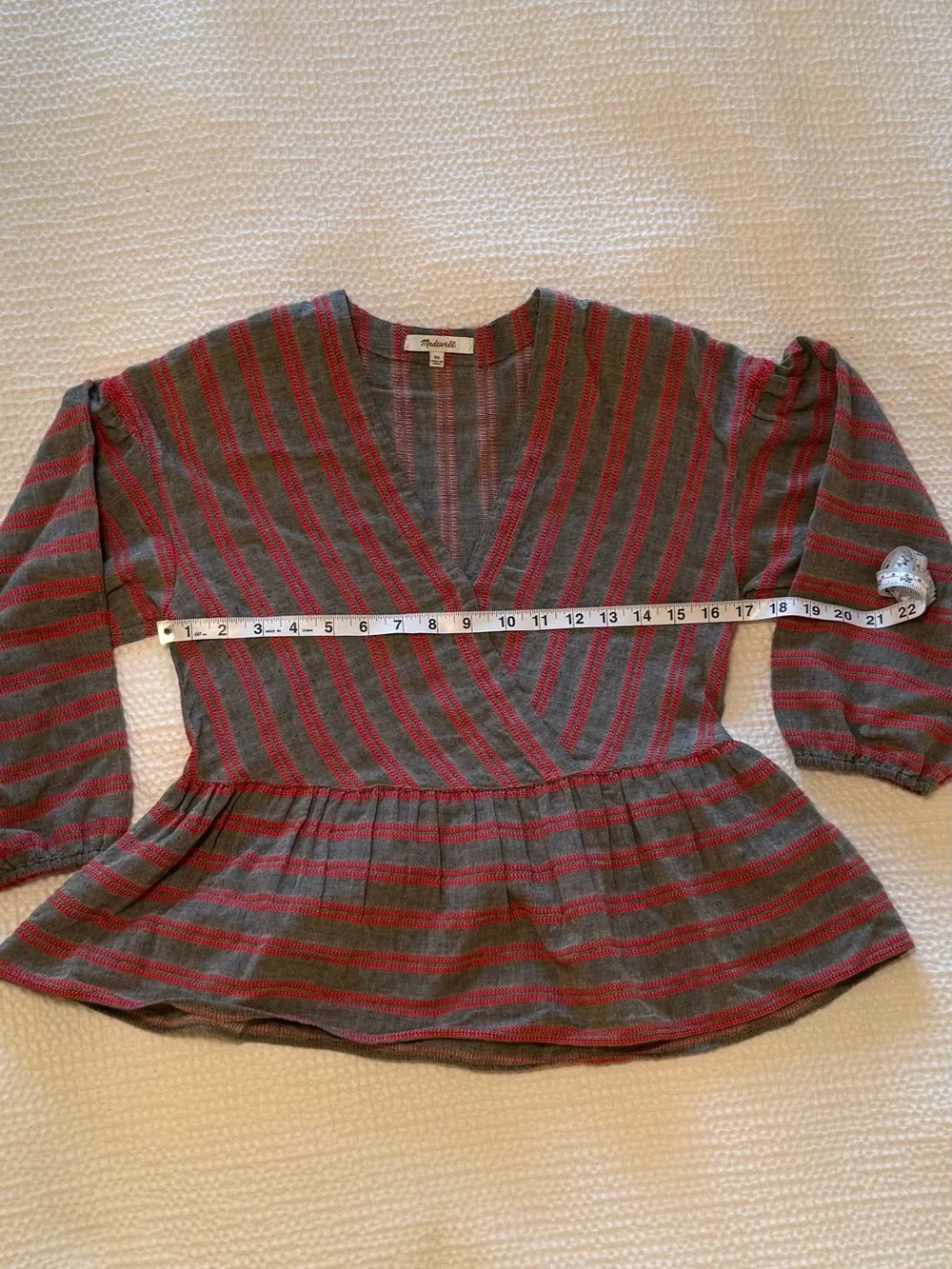 Madewell | Gray & Red Striped Peplum Top | V-Neck Puff Sleeve | Size = XS